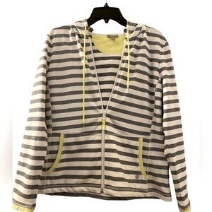 Talbots hoodie- black and white striped yellow trim Size MP.  NWOT